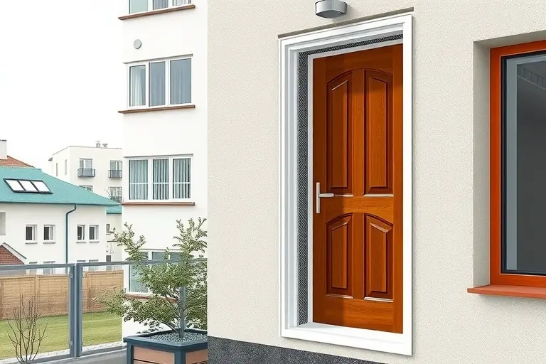 A detailed realistic illustration of a modern plastic door, showing a cross-section that highlights the door profile, internal reinforcement mesh, and filling material, installed in a residential building typical of Zvenigorod with a subtle background of the town's architecture, no text or logos.