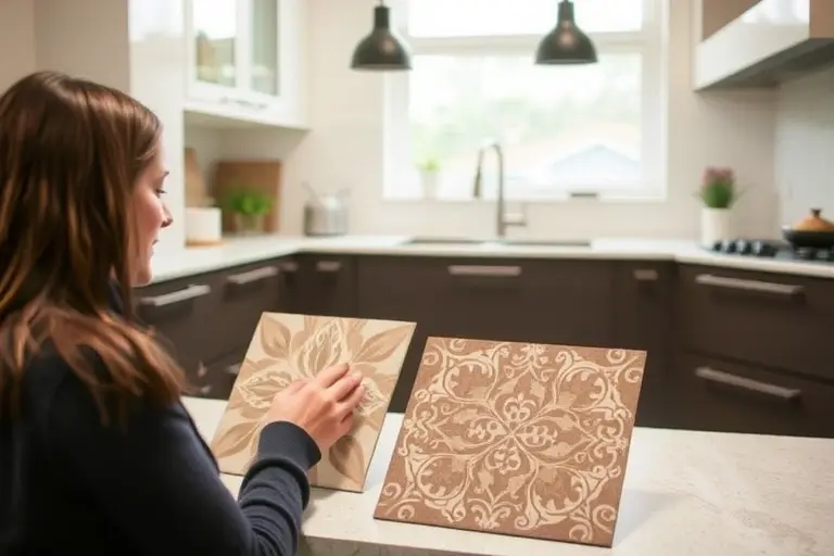 A modern kitchen scene showing a person examining a selection of decorative floor tiles, focusing on their visual appearance while ignoring practical aspects like durability and slip resistance. The tiles are displayed on a countertop or wall, with a subtle contrast between the attractive design of the tiles and the practical kitchen environment, highlighting the mistake of choosing tiles solely for looks.
