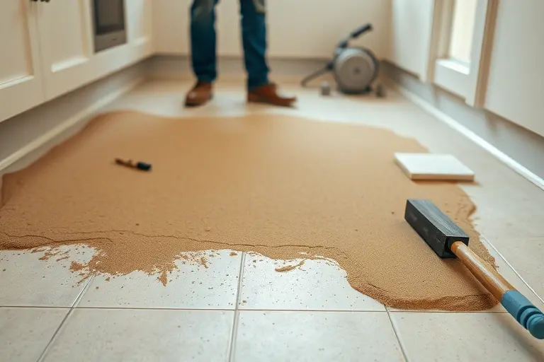 A kitchen scene focusing on the floor where a professional is preparing the substrate before laying ceramic tiles: the floor shows a clean, level concrete base with a thin layer of mortar spread evenly, a trowel in hand, and a few ceramic tiles laid out nearby. The lighting highlights the texture of the prepared surface, emphasizing the importance of a smooth, stable foundation before tile installation. No text or signage is visible.