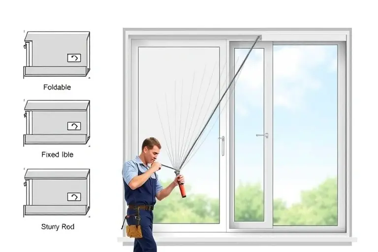 A high‑resolution illustration of a modern residential window fitted with a sleek mosquito net from the manufacturer OknaTek. Show several types of nets (foldable, fixed, retractable) displayed side by side, highlighting their fine mesh texture and sturdy frame. Include a professional installer in work attire adjusting the net with tools, emphasizing precise mounting components such as brackets and tension rods. The scene should convey quality, durability, and clean installation without any textual elements.