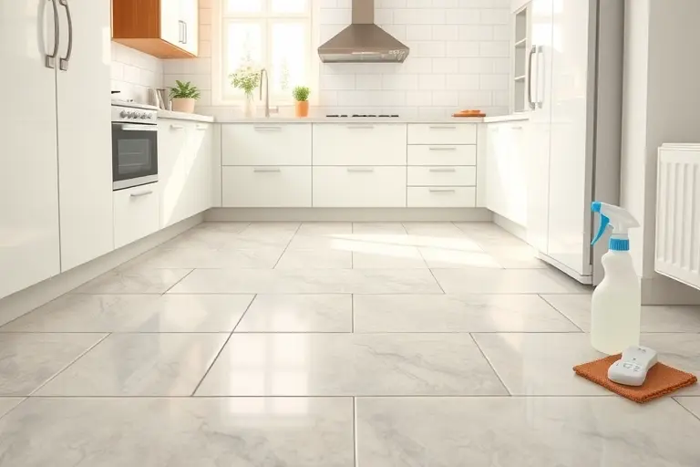 A bright, modern kitchen interior focusing on the floor and backsplash tiled with ceramic kitchen tiles. Show a well‑arranged tile pattern, highlighting proper grout lines and a clean, polished surface. Include subtle visual cues of proper care, such as a soft cloth and a gentle cleaning spray near the tiles, without any people or text. The composition should emphasize the texture and color of the tiles, illustrating a mistake‑free tile selection and maintenance scenario.