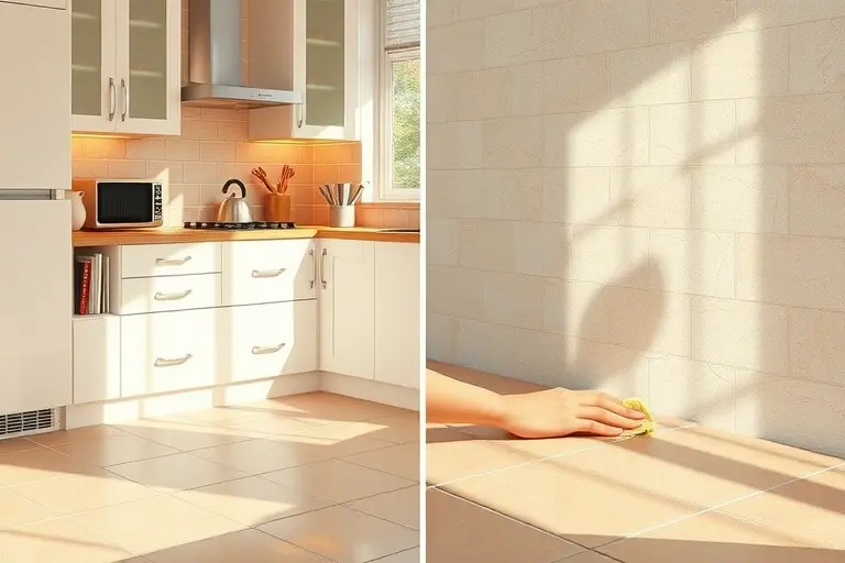 A modern kitchen interior showcasing a tiled floor and backsplash made of ceramic tiles. The scene highlights common mistakes such as mismatched tile sizes, overly glossy finishes that cause glare, and uneven grout lines. Include visual cues like a close-up of a grout joint that is uneven or cracked, and a side-by-side comparison of a well‑aligned, neat grout line versus a sloppy one. Show a homeowner gently cleaning the tiles with a soft cloth and a non‑abrasive cleaner, emphasizing proper maintenance. The lighting is natural, the colors are warm and inviting, and the composition focuses on the texture and pattern of the tiles without any text or symbols.