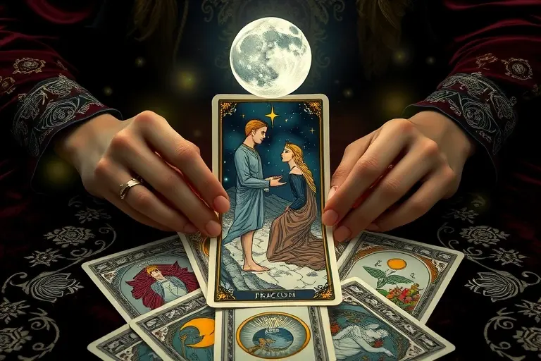 Mystical tarot card reading scene, a beautifully illustrated tarot card featuring a man and a woman under a celestial moon, surrounded by glowing stars and intricate floral patterns, elegant hands laying out cards on a velvet cloth, esoteric atmosphere, magical glowing light, highly detailed illustration