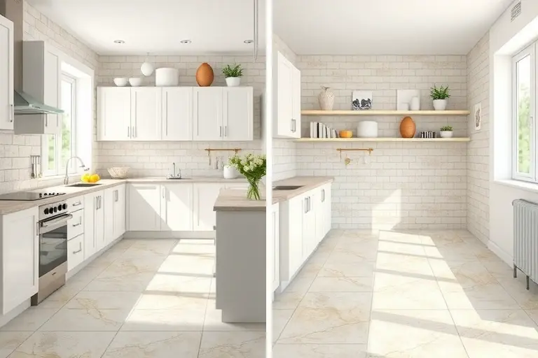 A modern kitchen interior featuring ceramic floor and wall tiles, showing a side-by-side comparison of proper tile selection and installation versus common mistakes such as mismatched colors, uneven grout lines, and cracked tiles, with bright natural lighting and realistic textures