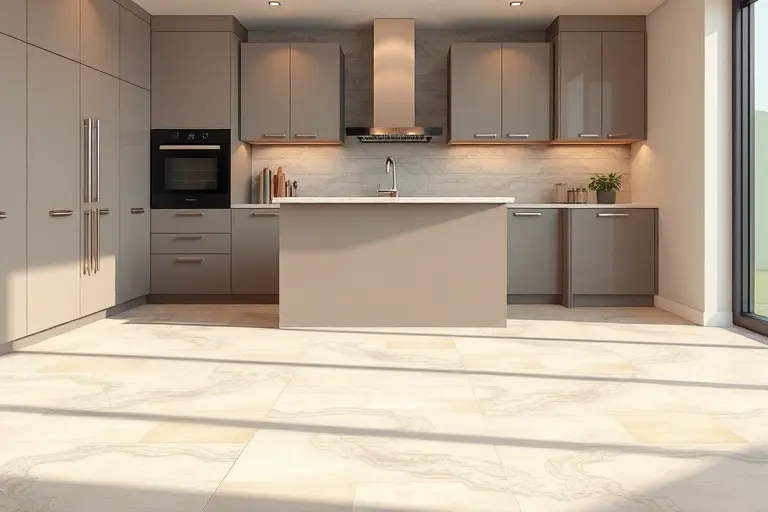 A realistic modern kitchen interior showing a mistake in tile selection: the floor is covered with delicate decorative wall tiles, while the wall behind the countertop uses heavy-duty floor tiles, highlighting the error of not considering tile purpose. The scene includes sleek cabinets, a marble countertop, and warm lighting, focusing on the contrasting tile surfaces with realistic textures and shadows.