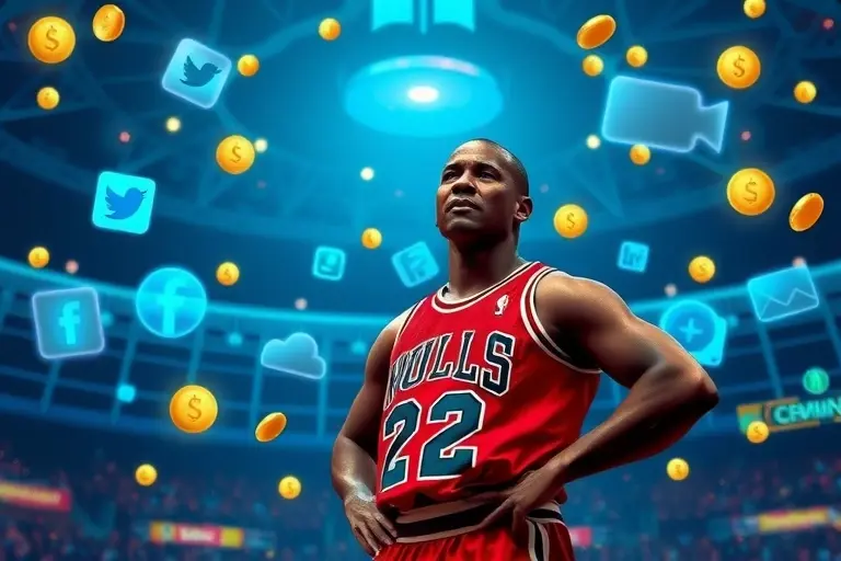 Michael Jordan standing confidently in a futuristic digital arena, surrounded by floating holographic social media icons and streams of golden coins, with a background of stylized network lines and glowing data patterns, emphasizing massive earnings without any text or numbers