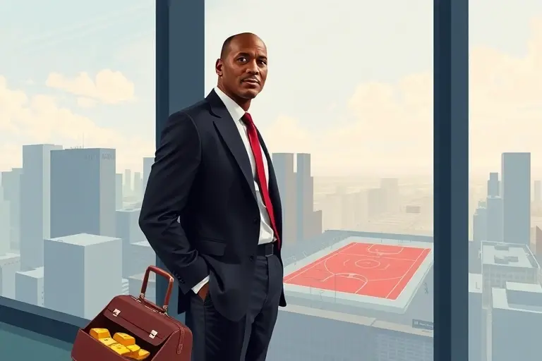 A dynamic illustration of Michael Jordan in a sleek modern office, standing confidently beside a large glass window overlooking a city skyline, with subtle symbols of wealth such as gold bars and a briefcase, while a faint silhouette of a basketball court fades into the background, representing his transition from sport to business empire; the composition emphasizes success, entrepreneurship, and the expansion of an athlete's influence beyond the arena.