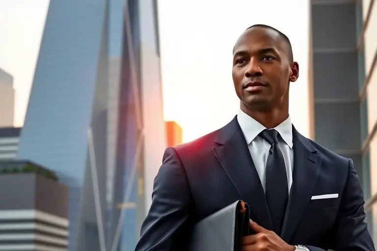 A sophisticated, realistic portrait of Michael Jordan in a modern business setting, wearing a sharp suit, standing confidently in front of a sleek skyscraper skyline, with subtle visual cues of wealth such as a briefcase, luxury watch, and a faint aura of golden light suggesting financial success, all rendered in high-quality detail without any text or logos