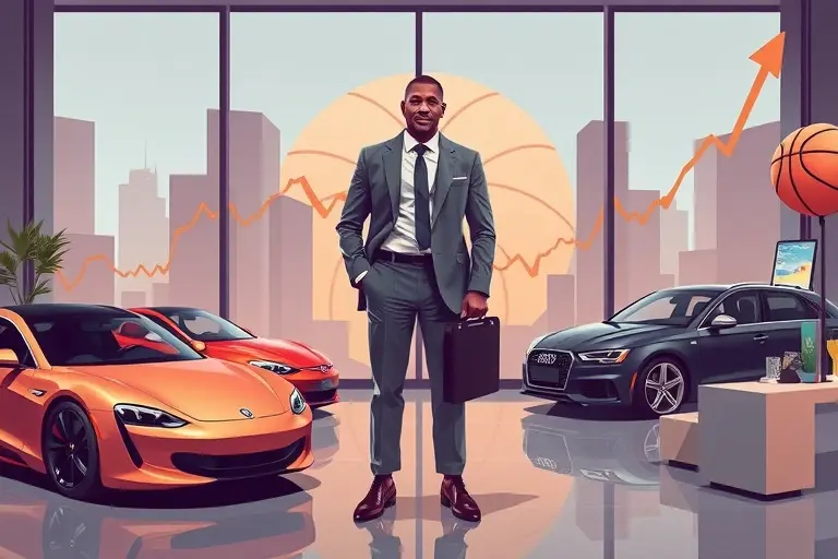 A dynamic illustration of a legendary basketball player portrayed as a successful entrepreneur: the figure stands confidently in a modern office environment, wearing a sleek suit, holding a briefcase, with subtle hints of basketball heritage like a stylized silhouette of a basketball in the background. Around him are visual elements representing wealth and business ventures such as rising stock charts, luxury cars, and a globe, all rendered without any textual labels or brand logos. The composition emphasizes the contrast between athletic fame and entrepreneurial success, highlighting the concept of a sports star who earns massive income through business activities rather than playing the sport.
