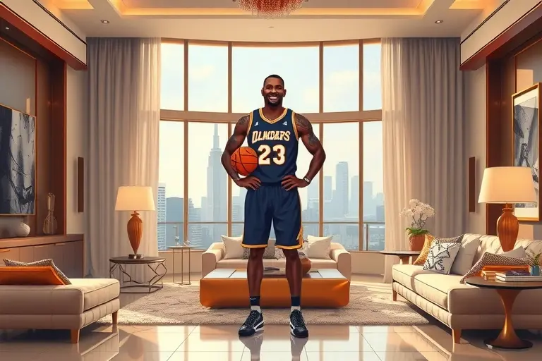A realistic, high-quality illustration of a famous basketball legend standing confidently in a lavish, modern mansion interior, surrounded by opulent furnishings, large windows showing a city skyline, and subtle hints of wealth such as gold accents and elegant decor, without any text, logos, or numeric symbols.