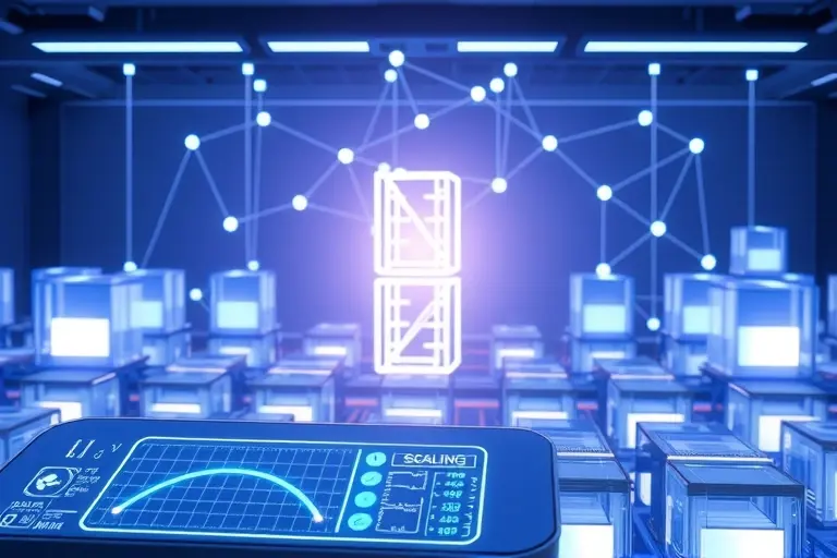 A futuristic control room scene depicting containerization and scaling, with a series of interconnected, translucent cube-shaped containers arranged in a grid, each glowing with subtle light. In the foreground, a sleek, holographic control panel displays dynamic graphs and scaling arrows, while a central, stylized control tower emits a soft glow, symbolizing new management approaches. The background shows a network of glowing lines connecting the containers, representing orchestration and automation. The overall composition conveys precision, efficiency, and advanced technology, with a cool color palette of blues and purples.