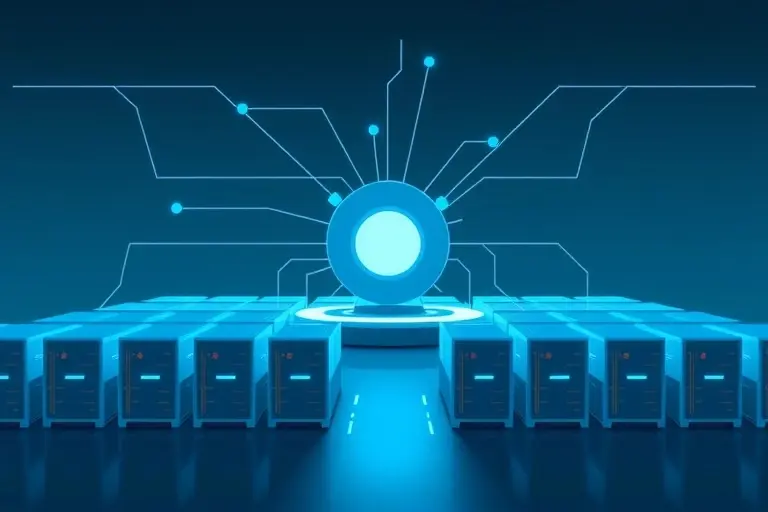 A stylized, futuristic data center scene featuring a central control hub glowing with soft blue light, surrounded by neatly arranged, translucent container units that resemble Docker containers. Thin, luminous network lines radiate from the hub to each container, illustrating centralized management. The background is a calm, low-contrast gradient of cool blues and greens, evoking stability and order. No people, animals, or text are present, and the overall composition feels organized and secure.
