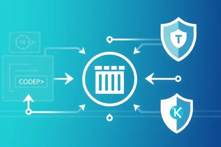 A stylized illustration of a secure containerized environment within a software development lifecycle, featuring a container icon encircled by protective layers, code flow arrows, and a shield symbol, set against a background of a development pipeline, all rendered in a clean, modern aesthetic