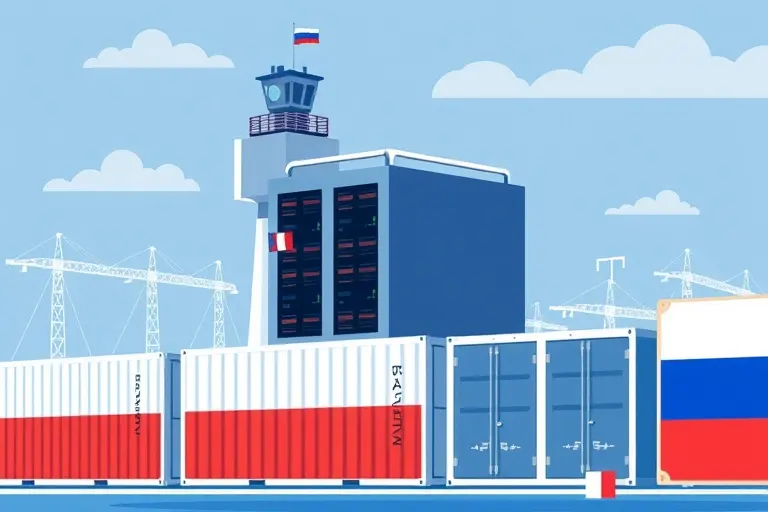 A stylized illustration of a modern Russian data center with containerized servers, a control tower overseeing them, and a subtle Russian flag motif, showing the advantages of a domestic platform in a secure, controlled environment.
