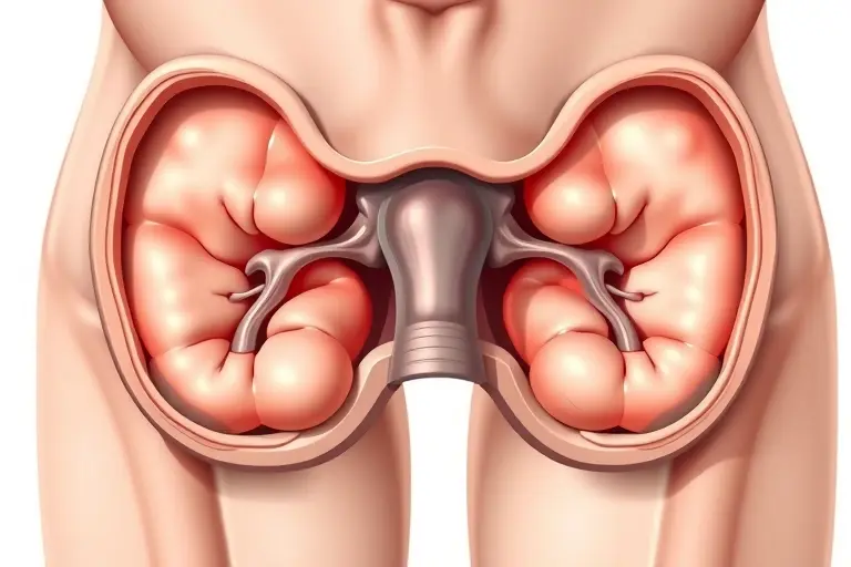 A detailed, realistic medical illustration of the human anal region showing internal and external hemorrhoidal cushions, with subtle color differentiation to highlight swollen veins, presented in a clean anatomical style without any text or labels