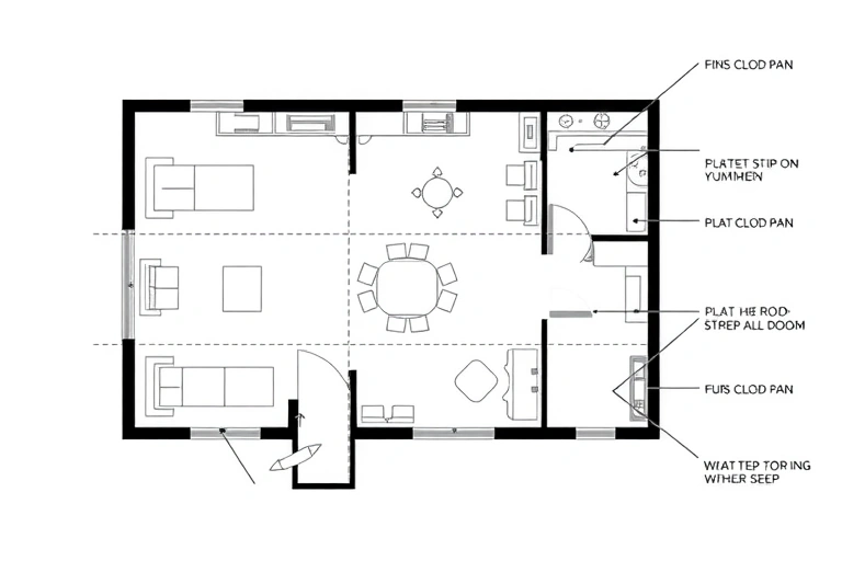 A detailed architectural floor plan of a room with a complex, irregular shape, showing walls, doors, windows, and furniture layout, with annotations indicating the next step in planning based on the feedback