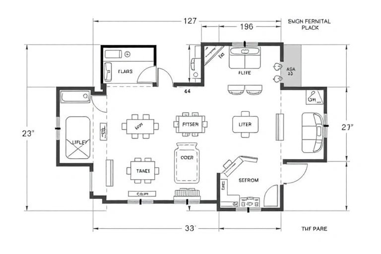 A detailed architectural floor plan of a room with a complex, irregular shape, showing walls, doors, windows, and furniture layout, with clear labels and measurements, presented in a technical drawing style with clean lines and precise geometry