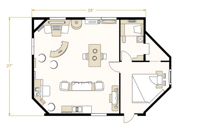 A detailed architectural floor plan of a room with a complex, irregular shape, showing furniture placement, dimensions, and flow, rendered in a clean, technical illustration style with clear lines and labels, suitable for a design tutorial