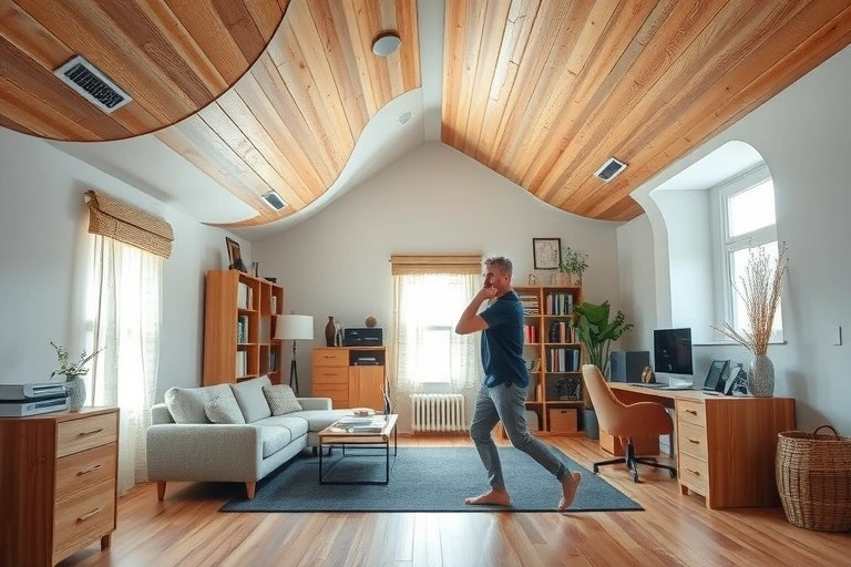 A modern room with a complex, irregular shape featuring curved walls and an angled ceiling, showing practical furniture arrangement with a sofa, bookshelf, and desk, illustrating effective space utilization techniques, with a person practicing a consistent rhythm of movement or activity to represent maintaining a strong practice rhythm, clean and organized interior design