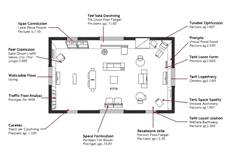A detailed architectural floor plan of a room with an irregular, complex shape, showing walls, doors, windows, and furniture placement, with annotations highlighting key skills needed for effective layout design such as space optimization, traffic flow analysis, and functional zoning, presented in a clean, technical illustration style with clear labels and measurements