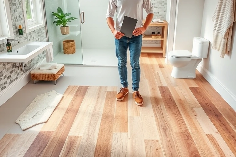 A modern bathroom interior showcasing a variety of floor coverings such as ceramic tiles, natural stone, vinyl plank, and hardwood, arranged side by side on a clean, neutral floor. A person in casual clothing is standing in the center, holding a sample card and comparing the textures and colors of each option. The lighting is bright and natural, highlighting the differences in pattern, grain, and finish. The background includes a simple, uncluttered bathroom with a shower, sink, and minimal déco